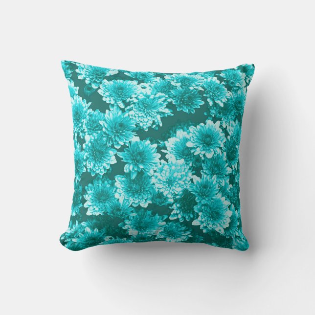 Modern Graphic Dahlia Pattern, Teal and Aqua Cushion (Front)