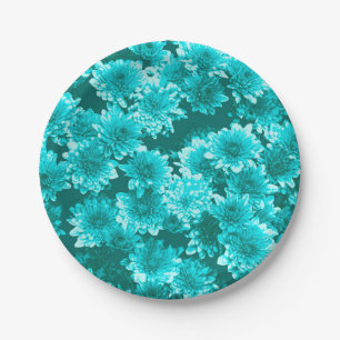 Modern Graphic Dahlia Pattern, Teal and Aqua Paper Plate