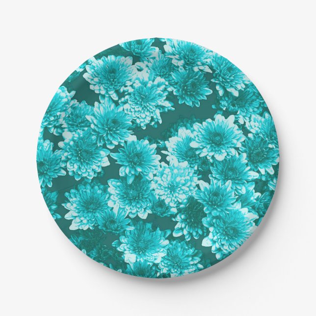 Modern Graphic Dahlia Pattern, Teal and Aqua Paper Plate (Front)
