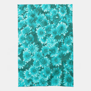 Modern Graphic Dahlia Pattern, Teal and Aqua Tea Towel
