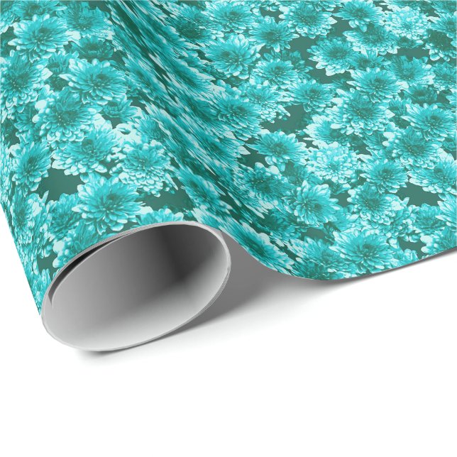 Modern Graphic Dahlia Pattern, Teal and Aqua Wrapping Paper (Roll Corner)