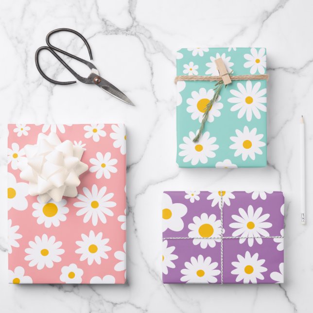 Modern Graphic Daisy Pink Blue & Purple Pastel Wrapping Paper Sheet (Front)