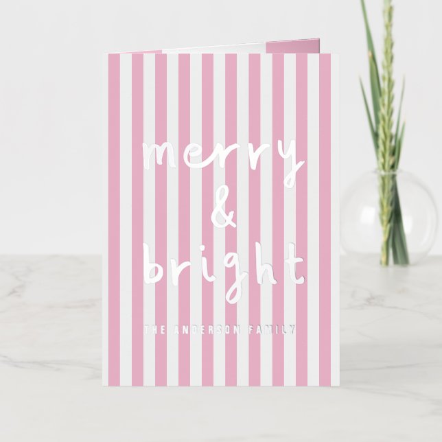 Modern graphic minimal Christmas pink and white Foil Holiday Card (Front)
