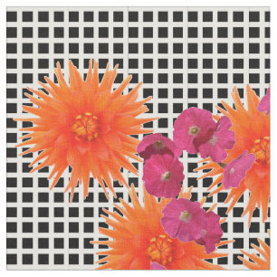 Modern Graphic Pink Orange Flowers Check Fabric