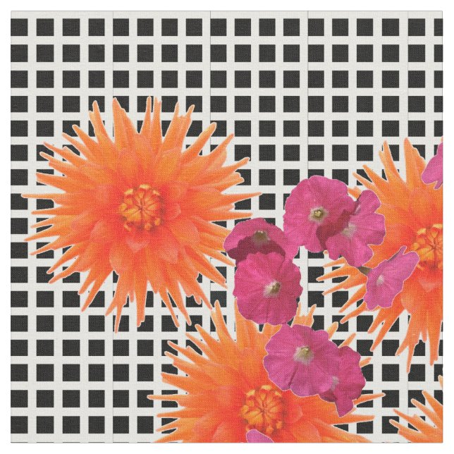 Modern Graphic Pink Orange Flowers Check Fabric (Close Up)