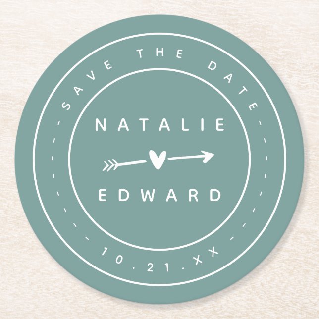 Modern, graphic save the date round paper coaster (Front)