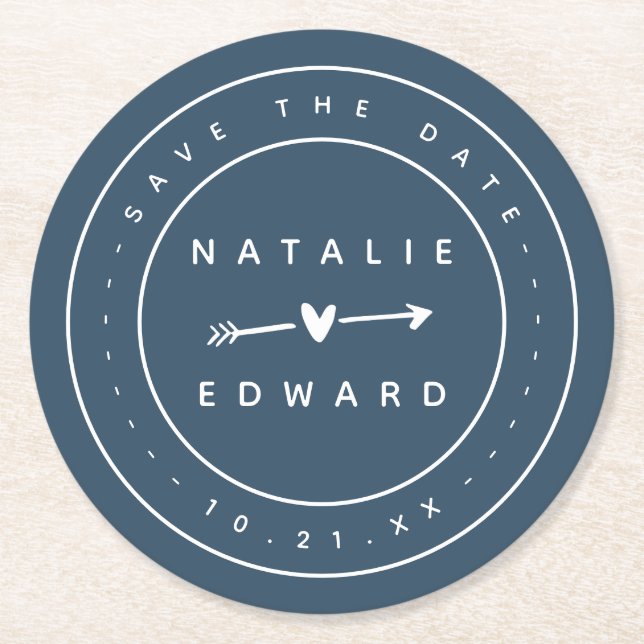 Modern, graphic save the date round paper coaster (Front)