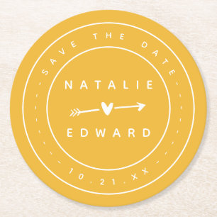 Modern, graphic save the date round paper coaster