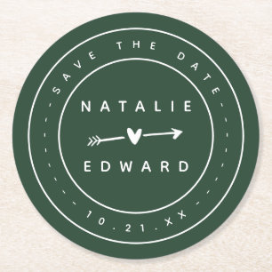 Modern, graphic save the date round paper coaster