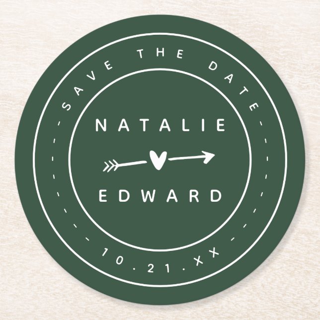 Modern, graphic save the date round paper coaster (Front)