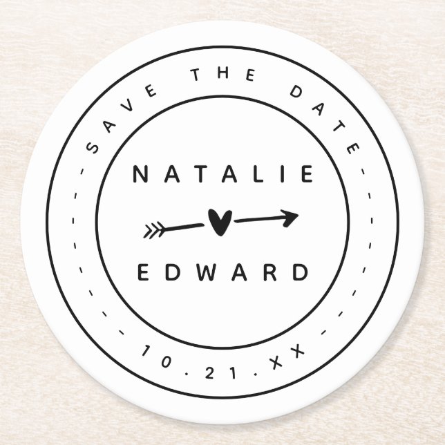 Modern, graphic save the date round paper coaster (Front)