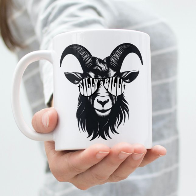 Modern Graphic Silly Billy Goat Customisable Mug (Black and white graphic art Goat with Silly Billy Text sunglasses on a coffee mug. )