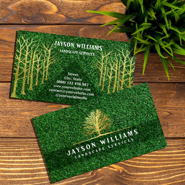 Modern Grass Texture Business Card with Gold Tree (Modern Grass Texture Business Card with Gold Tree #zazzlemade #lawncarebusinesscard#landscapeservice)