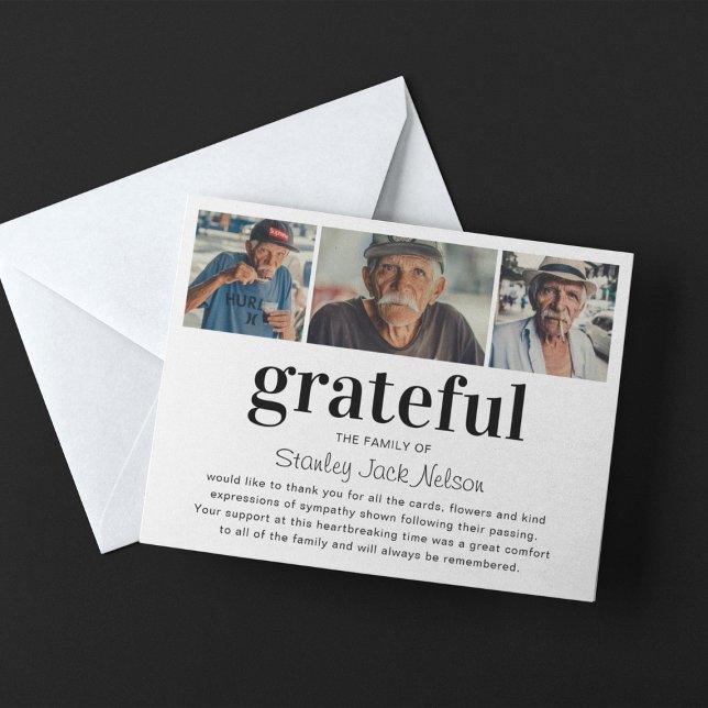 Modern 'Grateful' Photo Collage Sympathy Thank You Card (Creator Uploaded)