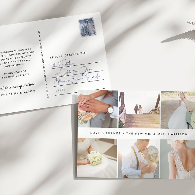 Modern Gratitude | Wedding Photo Collage Thank You Postcard (Creator Uploaded)