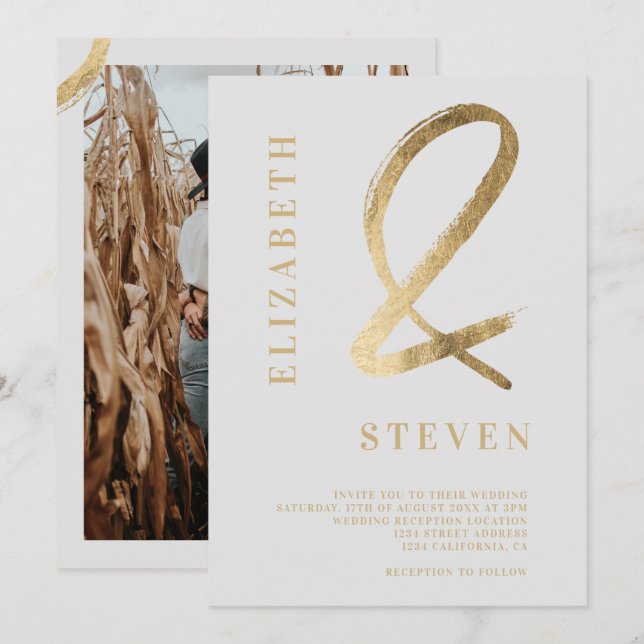 Modern gray gold ampersand names photo wedding invitation (Front/Back)