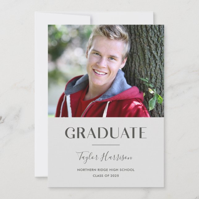 Modern Gray Graduate 1-Photo Graduation Party Invitation (Front)
