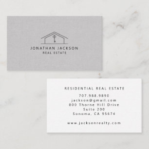 Modern Gray Linen Realtor House Key Logo Business Card