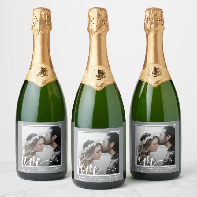 Modern Gray Love Script Photo Sparkling Wine Label (Bottles)