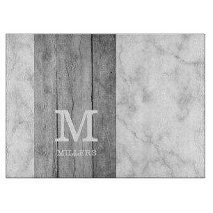  Modern Gray Marble And Wood Family Name Monogram  Cutting Board