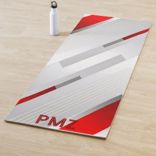 Modern Gray Red Geometric Monogram Yoga Mat