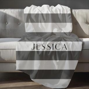 Modern Gray Stripes Name Fleece Blanket