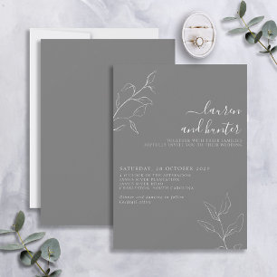 Modern Gray White Script Botanical Wedding Invitation