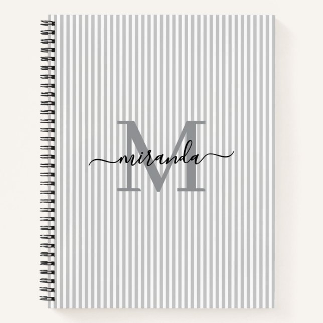 Modern Gray & White Stripes Monogram Name Notebook (Front)