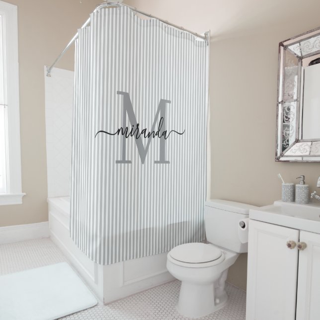 Modern Gray & White Stripes Monogram Name Shower Curtain (In Situ)