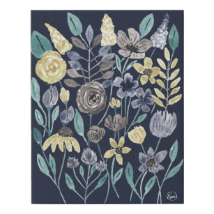 Modern Gray Yellow Blue Floral Watercolor Art Faux Canvas Print