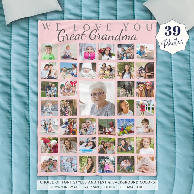 Modern Great Grandma Photo Collage Pink Grey Fleece Blanket (Creator Uploaded)