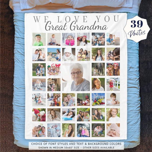 Modern Great Grandma Photo Collage White Grey Fleece Blanket (Creator Uploaded)