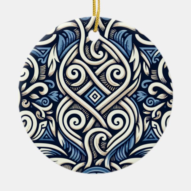 Modern Greek blue and white pattern Ceramic Ornament (Front)