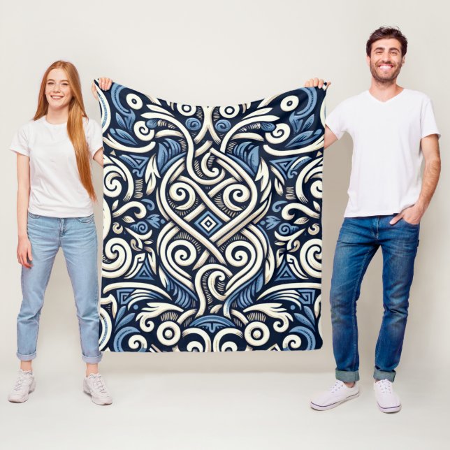 Modern Greek blue and white pattern Fleece Blanket (In Situ)