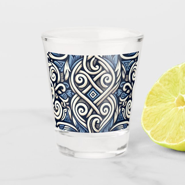 Modern Greek blue and white pattern Shot Glass (Front)