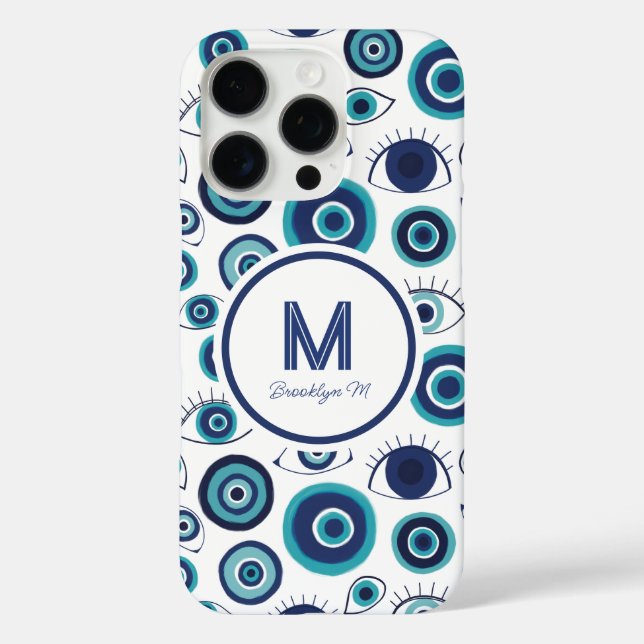 Modern Greek Evil Eye Blue White Monogram Case-Mate iPhone Case (Back)