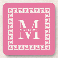 Modern Greek Key Frame Monogram Elegant Pink 