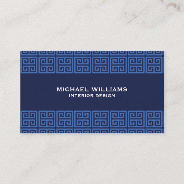 Modern Greek Key Pattern in Blue Business Card (Front)