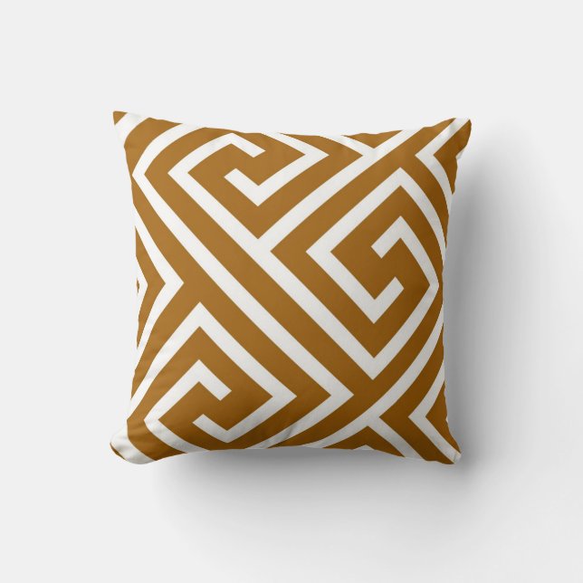 Modern Greek Key Pattern in Caramel and White Cushion (Front)