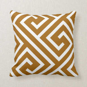 Modern Greek Key Pattern in Caramel and White Cushion