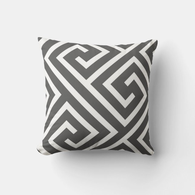 Modern Greek Key Pattern in Charcoal and White Cushion (Front)