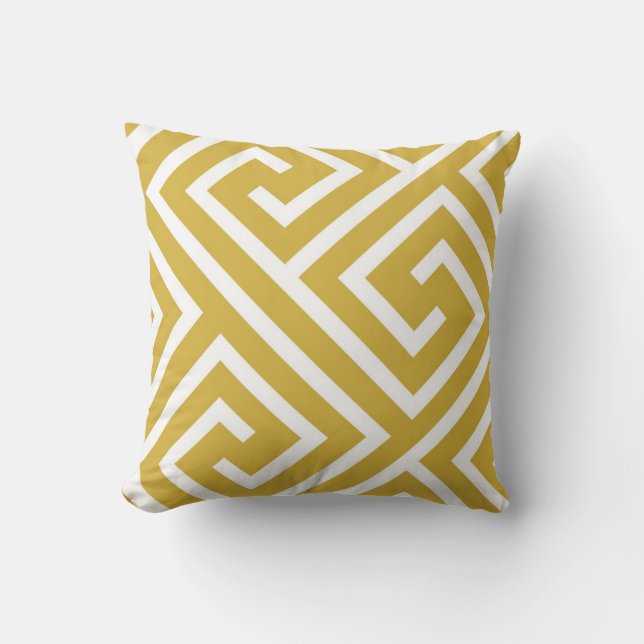 Modern Greek Key Pattern in Mustard and White Cushion (Front)