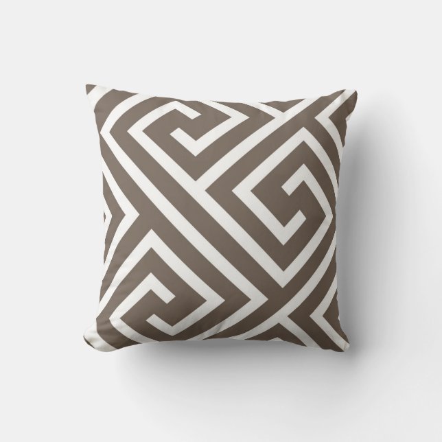 Modern Greek Key Pattern in Taupe and White Cushion (Front)