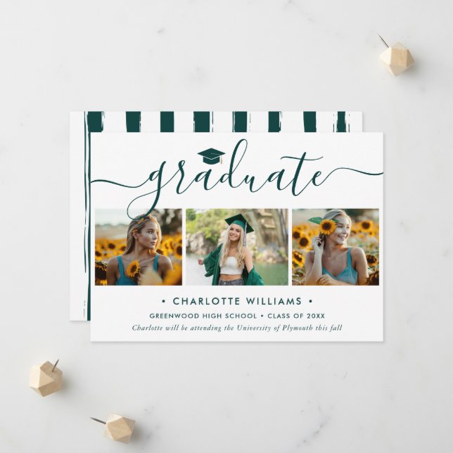 Modern Green 3 Photo Collage Script Graduation Announcement (Front/Back In Situ)