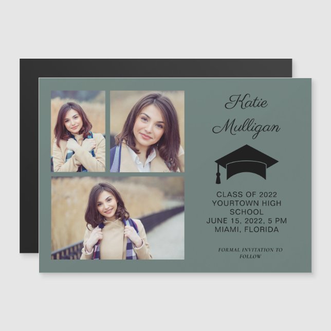 Modern Green 3 Photo Graduation Save Date 2022 (Front/Back)