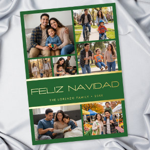 Modern Green 7 Photo Collage Feliz Navidad Foil Holiday Card