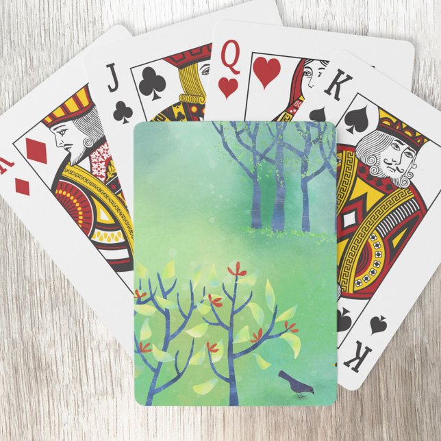 Modern Green Abstract Landscape Playing Cards (Green moderbn abstract landscape with bird and trees art playing cards)