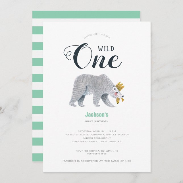 Modern Green Adventure Bear Animal First Birthday Invitation (Front/Back)