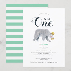 Modern Green Adventure Bear Animal First Birthday Invitation