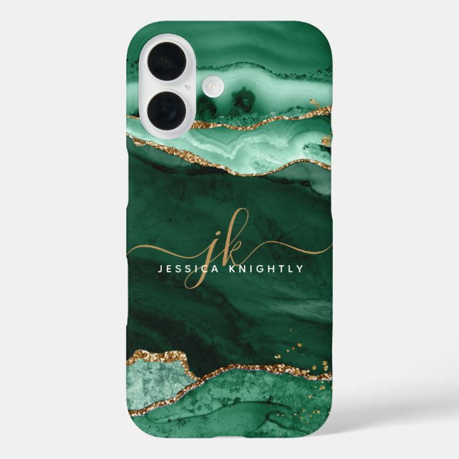Modern Green Agate Gold Glitter Script Monogram Case-Mate iPhone Case (Back)